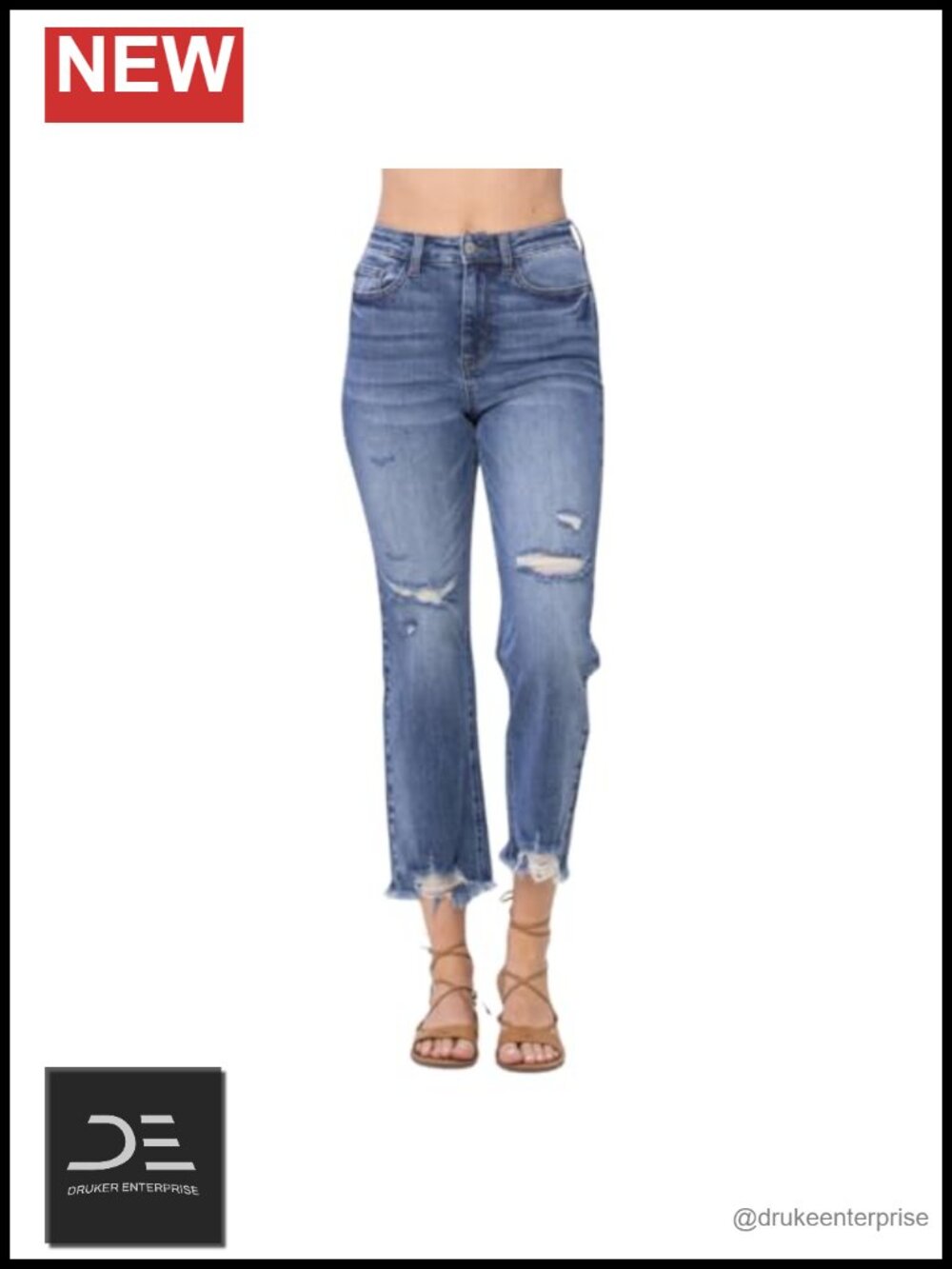High Waisted Distressed Cropped Straight Leg Jeans Frayed Hem Denim